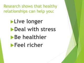 Research shows that healthy
relationships can help you:
Live longer
Deal with stress
Be healthier
Feel richer
 