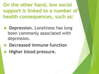 On the other hand, low social
support is linked to a number of
health consequences, such as:
 Depression. Loneliness has long
been commonly associated with
depression.
 Decreased immune function
 Higher blood pressure.
 