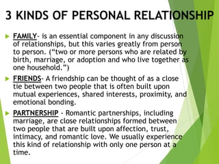 3 KINDS OF PERSONAL RELATIONSHIP
 FAMILY- is an essential component in any discussion
of relationships, but this varies greatly from person
to person. (“two or more persons who are related by
birth, marriage, or adoption and who live together as
one household.”)
 FRIENDS- A friendship can be thought of as a close
tie between two people that is often built upon
mutual experiences, shared interests, proximity, and
emotional bonding.
 PARTNERSHIP - Romantic partnerships, including
marriage, are close relationships formed between
two people that are built upon affection, trust,
intimacy, and romantic love. We usually experience
this kind of relationship with only one person at a
time.
 
