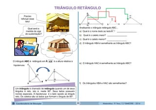 Matemática - 9.º Ano / 2.º BIMESTRE - 201435
TRIÂNGULO RETÂNGULO
redesul.am.br
Preciso
reforçar esse
teto!
todaoferta.uol.com.br
O triângulo ABC é retângulo em Â. é a altura relativa à
hipotenusa.
AH
C
A
B
H
B CH
Um triângulo é chamado de retângulo quando um de seus
ângulos é reto, isto é, mede 90º. Seus lados possuem
nomes especiais. A hipotenusa é o lado oposto ao ângulo
reto. Os catetos são os lados que formam o ângulo de 90º.
Analisando o triângulo retângulo ABC...
a) Qual é o nome dado ao lado
b) Qual é o cateto maior?
c) Qual é o cateto menor?
d) O triângulo HBA é semelhante ao triângulo ABC?
e) O triângulo HAC é semelhante ao triângulo ABC?
f) Os triângulos HBA e HAC são semelhantes?
?BC
H
B A
H
A C
A
B C
H
A
________________
________________
Qual será a
medida da viga
de sustentação?
________________
 