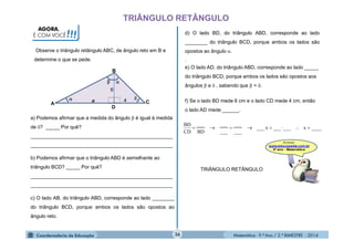 Matemática - 9.º Ano / 2.º BIMESTRE - 201436
TRIÂNGULO RETÂNGULO
AGORA,
É COM VOCÊ!!!
Observe o triângulo retângulo ABC, de ângulo reto em B e
determine o que se pede.



A
B
C
D
4
6
a) Podemos afirmar que a medida do ângulo  é igual à medida
de ? _____ Por quê?
___________________________________________________
___________________________________________________
b) Podemos afirmar que o triângulo ABD é semelhante ao
triângulo BCD? _____ Por quê?
___________________________________________________
___________________________________________________
c) O lado AB, do triângulo ABD, corresponde ao lado ________
do triângulo BCD, porque ambos os lados são opostos ao
ângulo reto.
d) O lado BD, do triângulo ABD, corresponde ao lado
________ do triângulo BCD, porque ambos os lados são
opostos ao ângulo .
.
e) O lado AD, do triângulo ABD, corresponde ao lado _____
do triângulo BCD, porque ambos os lados são opostos aos
ângulos  e  , sabendo que  = .
f) Se o lado BD mede 6 cm e o lado CD mede 4 cm, então
o lado AD mede ______.
____x______x___
___
___
___
___
BD
___
CD
BD

TRIÂNGULO RETÂNGULO
 