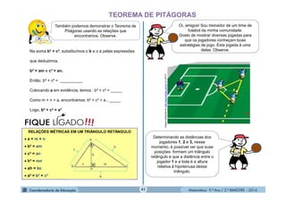 Matemática - 9.º Ano / 2.º BIMESTRE - 201441
TEOREMA DE PITÁGORAS
Também podemos demonstrar o Teorema de
Pitágoras usando as relações que
encontramos. Observe.
Na soma b² + c², substituímos o b e o c pelas expressões
que deduzimos.
b² = am e c² = an.
Então, b² + c² = __________
Colocando a em evidência, temos : b² + c² = _____
Como m + n = a, encontramos: b² + c² = a . _____
Logo, b² + c² = a²
!!!FIQUE LIGADO
RELAÇÕES MÉTRICAS EM UM TRIÂNGULO RETÂNGULO
 a = m + n
 b² = am
 c² = an
 h² = mn
 ah = bc
 a² = b² + c²
Oi, amigos! Sou treinador de um time de
futebol da minha comunidade.
Gosto de mostrar diversas jogadas para
que os jogadores conheçam boas
estratégias de jogo. Esta jogada é uma
delas. Observe.
Imagemadaptadade:http://www.google.com.br/em4/6/10
Determinando as distâncias dos
jogadores 1, 2 e 3, nesse
momento, é possível ver que suas
posições formam um triângulo
retângulo e que a distância entre o
jogador 1 e a bola é a altura
relativa à hipotenusa desse
triângulo.
 