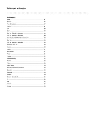 Índice por aplicação
nnnnnnnnnnnnnnnnnnnnnnnnnnnnnnnnnnnnnnnnnnnnnnnnnnnnnnnnnnnnnnnnnnnnnnnnnnnnnnnnnnnnnnnnnnnnnnnnnnnnn
Volkswagen
Bora ............................................................................................. 47
Brasília ......................................................................................... 47
Fox / CrossFox ............................................................................. 47
Fusca ........................................................................................... 47
Gol ................................................................................................ 48
Golf ............................................................................................... 49
Golf CL Alemão e Mexicano ....................................................... 49
Golf GL Alemão e Mexicano ........................................................ 49
Golf GL/GLX/GTI Alemão e Mexicano ........................................ 50
Golf IV .......................................................................................... 50
Golf MI Alemão e Mexicano ........................................................ 50
Karmann-Ghia TC ........................................................................ 50
Kombi ........................................................................................... 50
Logus ........................................................................................... 51
New Beetle ................................................................................... 51
Parati ............................................................................................ 51
Passat .......................................................................................... 52
Passat Alemão ............................................................................. 52
Pointer .......................................................................................... 53
Polo .............................................................................................. 53
Polo Classic ................................................................................. 53
Polo/ Polo Sedan Comfortline ..................................................... 53
Quantum ...................................................................................... 53
Santana ........................................................................................ 53
Saveiro ......................................................................................... 53
Saveiro Geração 5 ....................................................................... 54
TL ................................................................................................. 54
Van ............................................................................................... 54
Variant .......................................................................................... 54
Voyage ......................................................................................... 55
 