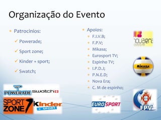 Organização do Evento
 Patrocinios:
 Powerade;
 Sport zone;
 Kinder + sport;
 Swatch;
 Apoios:
 F.I.V.B;
 F.P.V;
 Mikasa;
 Eurosport TV;
 Espinho TV;
 I.P.D.J;
 P.N.E.D;
 Nova Era;
 C. M de espinho;
 