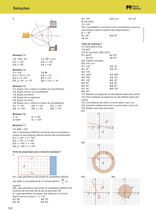 Soluções
3.
Miniteste 7.3.
1.2.  40º
CAB = 1.3. DE = 5 cm
2.1. x = 30º 2.2. x = 122º
2.3. x = 55º 2.4. x = 55º
Miniteste 7.4.
1.1. I e V 1.2. III
2.1 a = 20; b = 31º 2.2. c = 41º
2.3. e = d = 49º 2.4. f = 75º
2.5. g = 18º ; h = 72º 2.6. i = 74º; j = 16º
Miniteste 7.5.
1.1. Ângulo com o vértice no exterior da circunferência
1.2. Ângulo inscrito na circunferência
1.3. Ângulo ex-inscrito
1.4. Ângulo de um segmento
1.5. Ângulo ao centro
1.6. Ângulo com o vértice no interior da circunferência
2.1. a = 60º 2.2. b = 25º 2.3. c = 45º
2.4. d = 100º 2.5. e = 40º 2.6. f = 70º
Miniteste 7.6.
1. 10 2. x = 80º
3. 5040º 4. x = 120º
Miniteste 7.7.
1.1.  140º
AOB =
1.2. O quadrilátero [ADBO] é inscritível numa circunferência
porque os seus ângulos internos opostos são suplementares.
2.1. a = 95º e b = 105º
2.2. c = 87º e d = 89º
2.3. e = 100º e f = 50º
2.4. g = 108º e h = 54º
Ficha de preparação para o teste de avaliação 7
1.
2.1. Lugar geométricos dos pontos do quadrilátero [ABCD],
que estão a uma distância de O correspondente a
2
AB
ou
superior.
2.2. Lugar geométrico dos pontos do quadrilátero [ABCD] mais
próximos da semirreta ȦB do que da semirreta ȦD
3. “Lugar geométrico do espaço cuja distância a um ponto
dado é menor ou igual a r (r > 0)”
4.1. 80º 4.2. 50º
4.3. 80º 4.4. 80º
5.1. 100º 5.2. 8 cm 5.3. 50º
6. Dez lados
7.1. 100º
7.2. O quadrilátero é inscritível numa circunferência porque os
seus ângulos internos opostos são suplementares.
8. x = 40º
9.1. 56º 9.2. 62º
10. 40º
Teste de avaliação 7
1.1. [AO], [BO] e [CD]
1.2. [AC]
1.3. Por exemplo, [AB] e [AC].
2.1. a) 45º b) 135º
c) 270º d) 270º
2.2. Trapézio isósceles
2.3. 278,3 cm2
3.1. 144º 3.2. 18º
4.1. 35º 4.2. 35º
4.3. 110º
5.1. 3240º 5.2. 360º
5.3. 164º 5.4. 16º
6.1. 140º 6.2. 30º
6.3. 65º 6.4. 55º
6.5. 50º 6.6. 50º
6.7. 20º 6.8. 125º
6.9. 60º
7.1. Mediatriz do segmento de reta definido pelos dois pontos
7.2. Plano mediador do segmento de reta definido pelos dois
pontos
7.3. Circunferência de centro no ponto dado e raio 2 cm
7.4. Superfície esférica de centro no ponto dado e raio 2 cm
7.5. Bissetriz das duas semirretas
8.1.
8.2.
8.3. 8.4.
M9FNGP
©
Porto
Editora
110
 