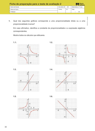 Nome da Escola Ano letivo 20 /20 Matemática | 9.º ano
Nome do Aluno Turma N.º Data
Professor / /20
Ficha de preparação para o teste de avaliação 2
1. Qual dos seguintes gráficos corresponde a uma proporcionalidade direta ou a uma
proporcionalidade inversa?
Em caso afirmativo, identifica a constante de proporcionalidade e a expressão algébrica
correspondentes.
Mostra todos os cálculos que efetuares.
1.1. 1.2.
1.3. 1.4.
1.5. 1.6.
M9FNGP
©
Porto
Editora
22
 