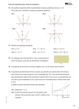 Ficha de preparação para o teste de avaliação 2
10. Nos gráficos seguintes estão representadas funções quadráticas do tipo y = ax2
.
Para cada caso, identifica a respetiva expressão algébrica.
10.1. 10.2.
10.3. 10.4.
11. Resolve as seguintes equações:
11.1. x2
= 9 11.2. x2
– 16 = 0 11.3. x2
+ 16 = 0
11.4. x2
– 2 = 0 11.5. 3x2
– 9 = 0 11.6. (x – 2)2
– 36 = 0
12. Um retângulo tem de área 242 m2
. Se o comprimento é o
dobro da largura, quais são as dimensões do retângulo?
13. O quadrado da soma de um número negativo com 2 é 49. Qual é esse número?
14. A operadora de telemóveis W tem um plano que permite aos clientes falar 100 minutos
para números da mesma rede por uma mensalidade de 10 €. Caso este limite de tempo
seja ultrapassado cada minuto excedente custará 0,30 €. Por sua vez, a operadora M, tem
um plano cuja mensalidade é 5 € e cada minuto em chamadas para a mesma rede custa
0,10 €.
O gráfico ao lado representa essas duas situações.
14.1. Determina T1 e T2.
14.2. A partir de quantos minutos um dos planos será
sempre mais económico que o outro? Justifica a tua
resposta.
M9FNGP
©
Porto
Editora
25
 