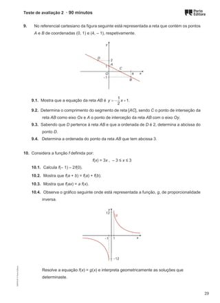 Teste de avaliação 2 · 90 minutos
9. No referencial cartesiano da figura seguinte está representada a reta que contém os pontos
A e B de coordenadas (0, 1) e (4, – 1), respetivamente.
9.1. Mostra que a equação da reta AB é
1
1
2
y x
=
− + .
9.2. Determina o comprimento do segmento de reta [AC], sendo C o ponto de interseção da
reta AB como eixo Ox e A o ponto de interceção da reta AB com o eixo Oy.
9.3. Sabendo que D pertence à reta AB e que a ordenada de D é 2, determina a abcissa do
ponto D.
9.4. Determina a ordenada do ponto da reta AB que tem abcissa 3.
10. Considera a função f definida por:
f(x) = 3x , – 3 ≤ x ≤ 3
10.1. Calcula f(– 1) – 2f(0).
10.2. Mostra que f(a + b) = f(a) + f(b).
10.3. Mostra que f(ax) = a f(x).
10.4. Observa o gráfico seguinte onde está representada a função, g, de proporcionalidade
inversa.
Resolve a equação f(x) = g(x) e interpreta geometricamente as soluções que
determinaste.
M9FNGP
©
Porto
Editora
29
 