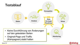 Seite 19
Testablauf
Konzeption
Setup
Ziele
Strategie
Roadmap
Analyse
Monitoring
Daten
• Keine Durchführung von Änderungen
auf den getesteten Seiten
• Original-Page und Traffic
(Kampagnen) stabil halten
 