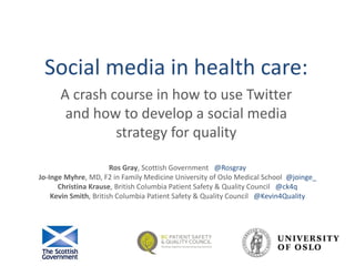 Social media in health care:
A crash course in how to use Twitter
and how to develop a social media
strategy for quality
Ros Gray, Scottish Government @Rosgray
Jo-Inge Myhre, MD, F2 in Family Medicine University of Oslo Medical School @joinge_
Christina Krause, British Columbia Patient Safety & Quality Council @ck4q
Kevin Smith, British Columbia Patient Safety & Quality Council @Kevin4Quality
 
