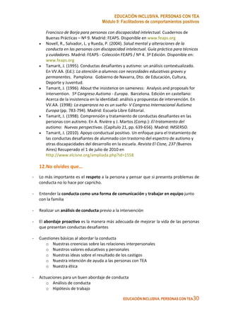EDUCACIÓN INCLUSIVA. PERSONAS CON TEA
Módulo 9: Facilitadores de comportamientos positivos
EDUCACIÓN INCLUSIVA. PERSONAS CON TEA30
Francisco de Borja para personas con discapacidad intelectual. Cuadernos de
Buenas Prácticas – Nº 9. Madrid: FEAPS. Disponible en www.feaps.org
• Novell, R., Salvador, L. y Rueda, P. (2004). Salud mental y alteraciones de la
conducta en las personas con discapacidad intelectual. Guía práctica para técnicos
y cuidadores. Madrid: FEAPS - Colección FEAPS / Nº 4. 3ª Edición. Disponible en:
www.feaps.org
• Tamarit, J. (1995). Conductas desafiantes y autismo: un análisis contextualizado.
En VV.AA. (Ed.): La atención a alumnos con necesidades educativas graves y
permanentes. Pamplona: Gobierno de Navarra, Dto. de Educación, Cultura,
Deporte y Juventud.
• Tamarit, J. (1996). About the insistence on sameness: Analysis and proposals for
intervention. 5º Congreso Autismo - Europa. Barcelona. Edición en castellano:
Acerca de la insistencia en la identidad: análisis y propuestas de intervención. En
VV.AA. (1998): La esperanza no es un sueño- V Congreso Internacional Autismo
Europa (pp. 783-794). Madrid: Escuela Libre Editorial.
• Tamarit, J. (1998). Comprensión y tratamiento de conductas desafiantes en las
personas con autismo. En A. Rivière y J. Martos (Comp.): El tratamiento del
autismo: Nuevas perspectivas. (Capítulo 21, pp. 639-656). Madrid: IMSERSO.
• Tamarit, J. (2010). Apoyo conductual positivo. Un enfoque para el tratamiento de
las conductas desafiantes de alumnado con trastorno del espectro de autismo y
otras discapacidades del desarrollo en la escuela. Revista El Cisne, 237 (Buenos
Aires) Recuperado el 1 de julio de 2010 en
http://www.elcisne.org/ampliada.php?id=1558
12.No olvides que…
- Lo más importante es el respeto a la persona y pensar que si presenta problemas de
conducta no lo hace por capricho.
- Entender la conducta como una forma de comunicación y trabajar en equipo junto
con la familia
- Realizar un análisis de conducta previo a la intervención
- El abordaje proactivo es la manera más adecuada de mejorar la vida de las personas
que presentan conductas desafiantes
- Cuestiones básicas al abordar la conducta
o Nuestras creencias sobre las relaciones interpersonales
o Nuestros valores educativos y personales
o Nuestras ideas sobre el resultado de los castigos
o Nuestra intención de ayuda a las personas con TEA
o Nuestra ética
- Actuaciones para un buen abordaje de conducta
o Análisis de conducta
o Hipótesis de trabajo
 
