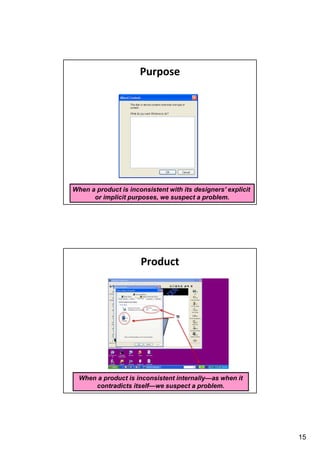 Purpose

When a product is inconsistent with its designers’ explicit
or implicit purposes, we suspect a problem.

Product

When a product is inconsistent internally—as when it
contradicts itself—we suspect a problem.

15

 