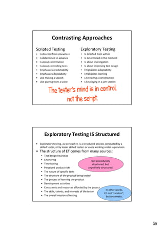 Contrasting Approaches
Scripted Testing

Exploratory Testing

•
•
•
•
•
•
•
•

•
•
•
•
•
•
•
•

Is directed from elsewhere
Is determined in advance
Is about confirmation
Is about controlling tests
Emphasizes predictability
Emphasizes decidability
Like making a speech
Like playing from a score

Is directed from within
Is determined in the moment
Is about investigation
Is about improving test design
Emphasizes adaptability
Emphasizes learning
Like having a conversation
Like playing in a jam session

Exploratory Testing IS Structured
• Exploratory testing, as we teach it, is a structured process conducted by a
skilled tester, or by lesser skilled testers or users working under supervision.

• The structure of ET comes from many sources:
•
•
•
•
•
•
•
•
•
•
•

Test design heuristics
Chartering
Not procedurally
Time boxing
structured, but
cognitively structured.
Perceived product risks
The nature of specific tests
The structure of the product being tested
The process of learning the product
Development activities
Constraints and resources afforded by the project
In other words,
The skills, talents, and interests of the tester
it’s not “random”,
The overall mission of testing
but systematic.

39

 