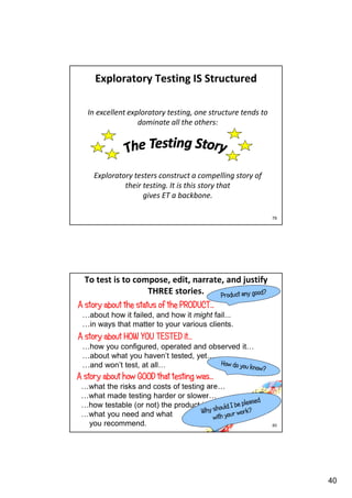 Exploratory Testing IS Structured
In excellent exploratory testing, one structure tends to
dominate all the others:

Exploratory testers construct a compelling story of
their testing. It is this story that
gives ET a backbone.
79

To test is to compose, edit, narrate, and justify
THREE stories.
A story about the status of the PRODUCT…
…about how it failed, and how it might fail...
…in ways that matter to your various clients.

A story about HOW YOU TESTED it…
…how you configured, operated and observed it…
…about what you haven’t tested, yet…
…and won’t test, at all…

A story about how GOOD that testing was…
…what the risks and costs of testing are…
…what made testing harder or slower…
…how testable (or not) the product is…
…what you need and what
you recommend.

80

40

 