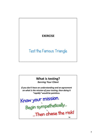 EXERCISE

Test the Famous Triangle

What is testing?
Serving Your Client
If you don’t have an understanding and an agreement
on what is the mission of your testing, then doing it
“rapidly” would be pointless.

14

7

 