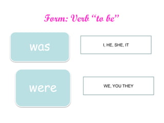 Form: Verb “to be”
was
were
I, HE, SHE, IT
WE, YOU THEY
 
