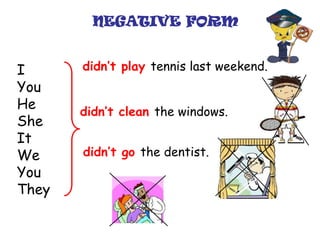I
You
He
She
It
We
You
They
didn’t play tennis last weekend.
didn’t clean the windows.
didn’t go the dentist.
NEGATIVE FORM
 