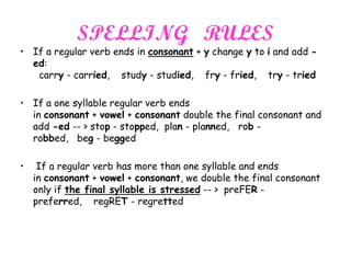 SPELLING RULES
• If a regular verb ends in consonant + y change y to i and add -
ed:
carry - carried, study - studied, fry - fried, try - tried
• If a one syllable regular verb ends
in consonant + vowel + consonant double the final consonant and
add -ed -- > stop - stopped, plan - planned, rob -
robbed, beg - begged
• If a regular verb has more than one syllable and ends
in consonant + vowel + consonant, we double the final consonant
only if the final syllable is stressed -- > preFER -
preferred, regRET - regretted
 