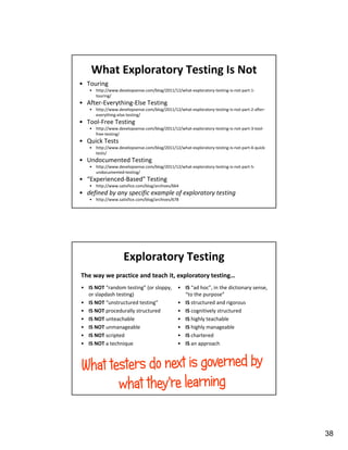 38
What Exploratory Testing Is Not
• Touring
• http://www.developsense.com/blog/2011/12/what-exploratory-testing-is-not-part-1-
touring/
• After-Everything-Else Testing
• http://www.developsense.com/blog/2011/12/what-exploratory-testing-is-not-part-2-after-
everything-else-testing/
• Tool-Free Testing
• http://www.developsense.com/blog/2011/12/what-exploratory-testing-is-not-part-3-tool-
free-testing/
• Quick Tests
• http://www.developsense.com/blog/2011/12/what-exploratory-testing-is-not-part-4-quick-
tests/
• Undocumented Testing
• http://www.developsense.com/blog/2011/12/what-exploratory-testing-is-not-part-5-
undocumented-testing/
• “Experienced-Based” Testing
• http://www.satisfice.com/blog/archives/664
• defined by any specific example of exploratory testing
• http://www.satisfice.com/blog/archives/678
Exploratory Testing
• IS NOT “random testing” (or sloppy,
or slapdash testing)
• IS NOT “unstructured testing”
• IS NOT procedurally structured
• IS NOT unteachable
• IS NOT unmanageable
• IS NOT scripted
• IS NOT a technique
• IS “ad hoc”, in the dictionary sense,
“to the purpose”
• IS structured and rigorous
• IS cognitively structured
• IS highly teachable
• IS highly manageable
• IS chartered
• IS an approach
The way we practice and teach it, exploratory testing…
 