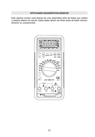 EFETUANDO DIAGNÓSTICOS BÁSICOS

Este capítulo conduz você através de uma sistemática série de testes que verifica
o sistema elétrico do veículo. Estes testes devem ser feitos antes de testar individu-
almente os componentes.




                                         21
 
