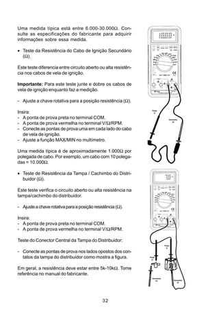 Uma medida típica está entre 6.000-30.000Ω. Con-
sulte as especificações do fabricante para adquirir
informações sobre essa medida.

• Teste da Resistência do Cabo de Ignição Secundário
  (Ω).

Este teste diferencia entre circuito aberto ou alta resistên-
cia nos cabos de vela de ignição.

Importante: Para este teste junte e dobre os cabos de
vela de ignição enquanto faz a medição.

- Ajuste a chave rotativa para a posição resistência (Ω).
                                                                  Preta
Insira:                                                             (-)

- A ponta de prova preta no terminal COM.                                        Vermelha
                                                                                    (+)
- A ponta de prova vermelha no terminal V/Ω/RPM.
- Conecte as pontas de prova uma em cada lado do cabo
   de vela de ignição.
- Ajuste a função MAX/MIN no multímetro.

Uma medida típica é de aproximadamente 1.000Ω por
polegada de cabo. Por exemplo, um cabo com 10 polega-
das = 10.000Ω.

• Teste de Resistência da Tampa / Cachimbo do Distri-
  buidor (Ω).

Este teste verifica o circuito aberto ou alta resistência na
tampa/cachimbo do distribuidor.

- Ajuste a chave rotativa para a posição resistência (Ω).

Insira:
- A ponta de prova preta no terminal COM.
- A ponta de prova vermelha no terminal V/Ω/RPM.

Teste do Conector Central da Tampa do Distribuidor:
                                                                             Preta
                                                                               (-)

- Conecte as pontas de prova nos lados opostos dos con-
  tatos da tampa do distribuidor como mostra a figura.          Preta
                                                                  (-)




Em geral, a resistência deve estar entre 5k-10kΩ. Tome
referência no manual do fabricante.
                                                                  Vermelha
                                                                     (+)             Vermelha
                                                                                        (+)




                                              32
 