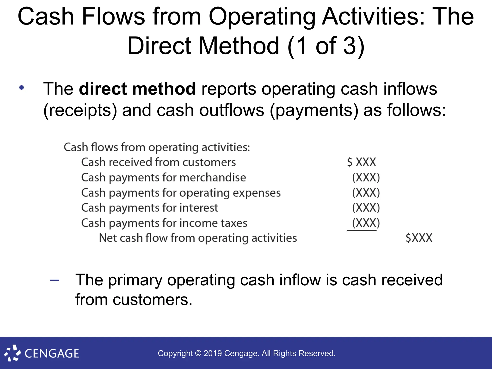 Copyright © 2019 Cengage. All Rights Reserved.
Cash Flows from Operating Activities: The
Direct Method (1 of 3)
• The direct method reports operating cash inflows
(receipts) and cash outflows (payments) as follows:
– The primary operating cash inflow is cash received
from customers.
 