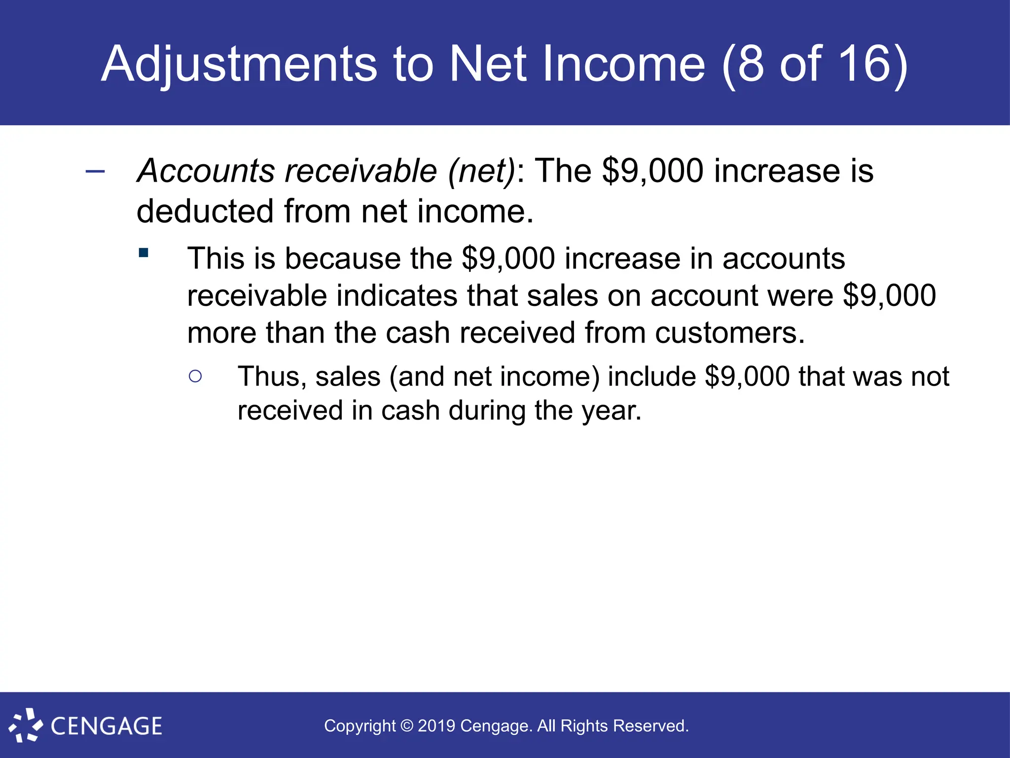 Copyright © 2019 Cengage. All Rights Reserved.
Adjustments to Net Income (8 of 16)
– Accounts receivable (net): The $9,000 increase is
deducted from net income.
 This is because the $9,000 increase in accounts
receivable indicates that sales on account were $9,000
more than the cash received from customers.
o Thus, sales (and net income) include $9,000 that was not
received in cash during the year.
 