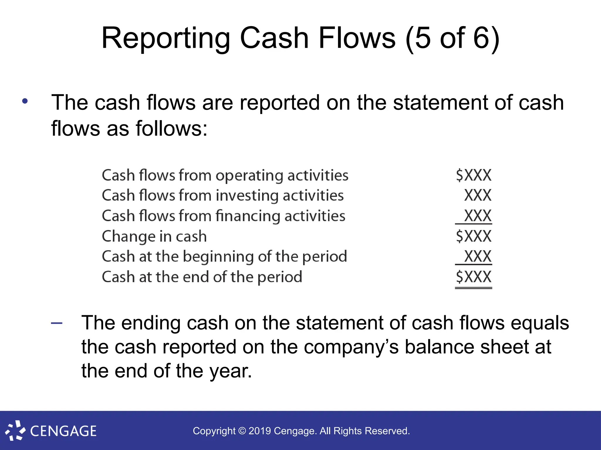 Copyright © 2019 Cengage. All Rights Reserved.
Reporting Cash Flows (5 of 6)
• The cash flows are reported on the statement of cash
flows as follows:
– The ending cash on the statement of cash flows equals
the cash reported on the company’s balance sheet at
the end of the year.
 