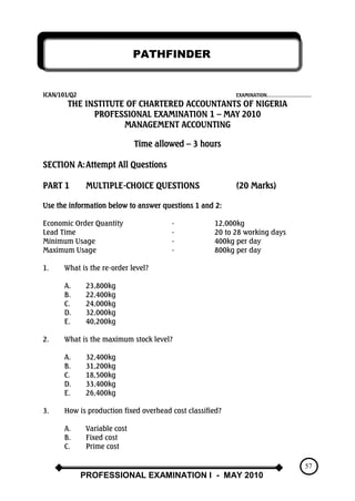 PATHFINDER
PROFESSIONAL EXAMINATION I - MAY 2010
57
ICAN/101/Q2 EXAMINATION……………………….
THE INSTITUTE OF CHARTERED ACCOUNTANTS OF NIGERIA
PROFESSIONAL EXAMINATION 1 – MAY 2010
MANAGEMENT ACCOUNTING
Time allowed – 3 hours
SECTION A:Attempt All Questions
PART 1 MULTIPLE-CHOICE QUESTIONS (20 Marks)
Use the information below to answer questions 1 and 2:
Economic Order Quantity - 12,000kg
Lead Time - 20 to 28 working days
Minimum Usage - 400kg per day
Maximum Usage - 800kg per day
1. What is the re-order level?
A. 23,800kg
B. 22,400kg
C. 24,000kg
D. 32,000kg
E. 40,200kg
2. What is the maximum stock level?
A. 32,400kg
B. 31,200kg
C. 18,500kg
D. 33,400kg
E. 26,400kg
3. How is production fixed overhead cost classified?
A. Variable cost
B. Fixed cost
C. Prime cost
 