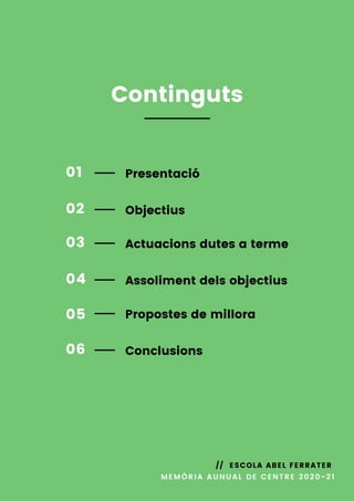 Presentació
Propostes de millora
Actuacions dutes a terme
Objectius
Conclusions
Assoliment dels objectius
MEMÒRIA AUNUAL DE CENTRE 2020-21
// ESCOLA ABEL FERRATER
Continguts
01
05
03
02
06
04
 