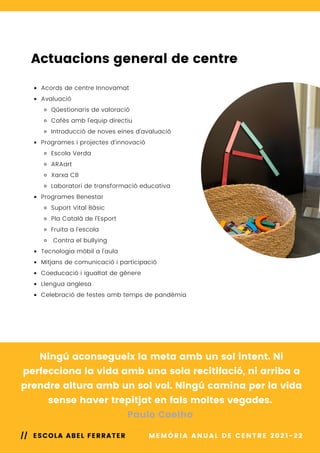 Acords de centre Innovamat
Avaluació
Qüestionaris de valoració
Cafès amb l'equip directiu
Introducció de noves eines d'avaluació
Programes i projectes d'innovació
Escola Verda
ARAart
Xarxa CB
Laboratori de transformació educativa
Programes Benestar
Suport Vital Bàsic
Pla Català de l'Esport
Fruita a l'escola
Contra el bullying
Tecnologia mòbil a l'aula
Mitjans de comunicació i participació
Coeducació i igualtat de gènere
Llengua anglesa
Celebració de festes amb temps de pandèmia
Actuacions general de centre
MEMÒRIA ANUAL DE CENTRE 2021-22
// ESCOLA ABEL FERRATER
Ningú aconsegueix la meta amb un sol intent. Ni
perfecciona la vida amb una sola recitifació, ni arriba a
prendre altura amb un sol vol. Ningú camina per la vida
sense haver trepitjat en fals moltes vegades.
Paulo Coelho
 