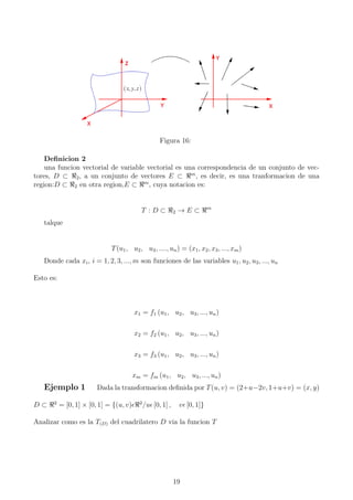 Figura 16:
Deﬁnicion 2
una funcion vectorial de variable vectorial es una correspondencia de un conjunto de vec-
tores, D ⊂ 2, a un conjunto de vectores E ⊂ m
, es decir, es una tranformacion de una
region:D ⊂ 2 en otra region,E ⊂ m
, cuya notacion es:
T : D ⊂ 2 → E ⊂ m
talque
T(u1, u2, u3, ...., un) = (x1, x2, x3, ..., xm)
Donde cada xi, i = 1, 2, 3, ..., m son funciones de las variables u1, u2, u3, ..., un
Esto es:
x1 = f1 (u1, u2, u3, ..., un)
x2 = f2 (u1, u2, u3, ..., un)
x3 = f3 (u1, u2, u3, ..., un)
xm = fm (u1, u2, u3, ..., un)
Ejemplo 1 Dada la transformacion deﬁnida por T(u, v) = (2+u−2v, 1+u+v) = (x, y)
D ⊂ 2
= [0, 1] × [0, 1] = {(u, v) 2
/u [0, 1] , v [0, 1]}
Analizar como es la T(D) del cuadrilatero D via la funcion T
19
 