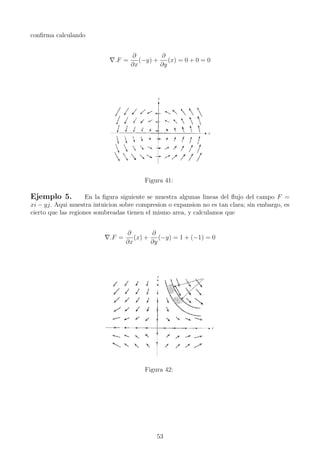conﬁrma calculando
.F =
∂
∂x
(−y) +
∂
∂y
(x) = 0 + 0 = 0
Figura 41:
Ejemplo 5. En la ﬁgura siguiente se muestra algunas lineas del ﬂujo del campo F =
xi − yj. Aqui muestra intuicion sobre compresion o expansion no es tan clara; sin embargo, es
cierto que las regiones sombreadas tienen el mismo area, y calculamos que
.F =
∂
∂x
(x) +
∂
∂y
(−y) = 1 + (−1) = 0
Figura 42:
53
 
