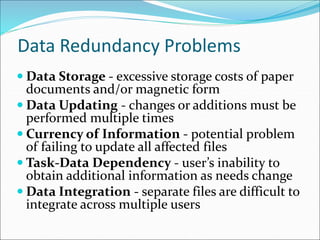 Data Redundancy Problems
 Data Storage - excessive storage costs of paper
documents and/or magnetic form
 Data Updating - changes or additions must be
performed multiple times
 Currency of Information - potential problem
of failing to update all affected files
 Task-Data Dependency - user’s inability to
obtain additional information as needs change
 Data Integration - separate files are difficult to
integrate across multiple users
 