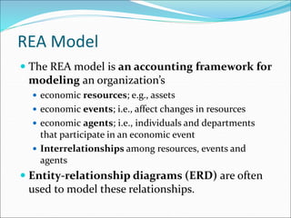 REA Model
 The REA model is an accounting framework for
modeling an organization’s
 economic resources; e.g., assets
 economic events; i.e., affect changes in resources
 economic agents; i.e., individuals and departments
that participate in an economic event
 Interrelationships among resources, events and
agents
 Entity-relationship diagrams (ERD) are often
used to model these relationships.
 