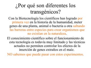 ¿Por qué son diferentes los
           transgénicos?
 Con la Biotecnología los científicos han logrado por
    primera vez en la historia de la humanidad, meter
 genes de una planta, animal o bacteria a otra saltando
  las barreras entre especies para crear organismos que
               no existían en la naturaleza.
El conocimiento científico sobre el funcionamiento de
 esta tecnología es todavía muy limitado y las técnicas
     actuales no permiten controlar los efectos de la
         inserción de genes extraños en el maíz.
NO sabemos que puede pasar con estos experimentos.
 