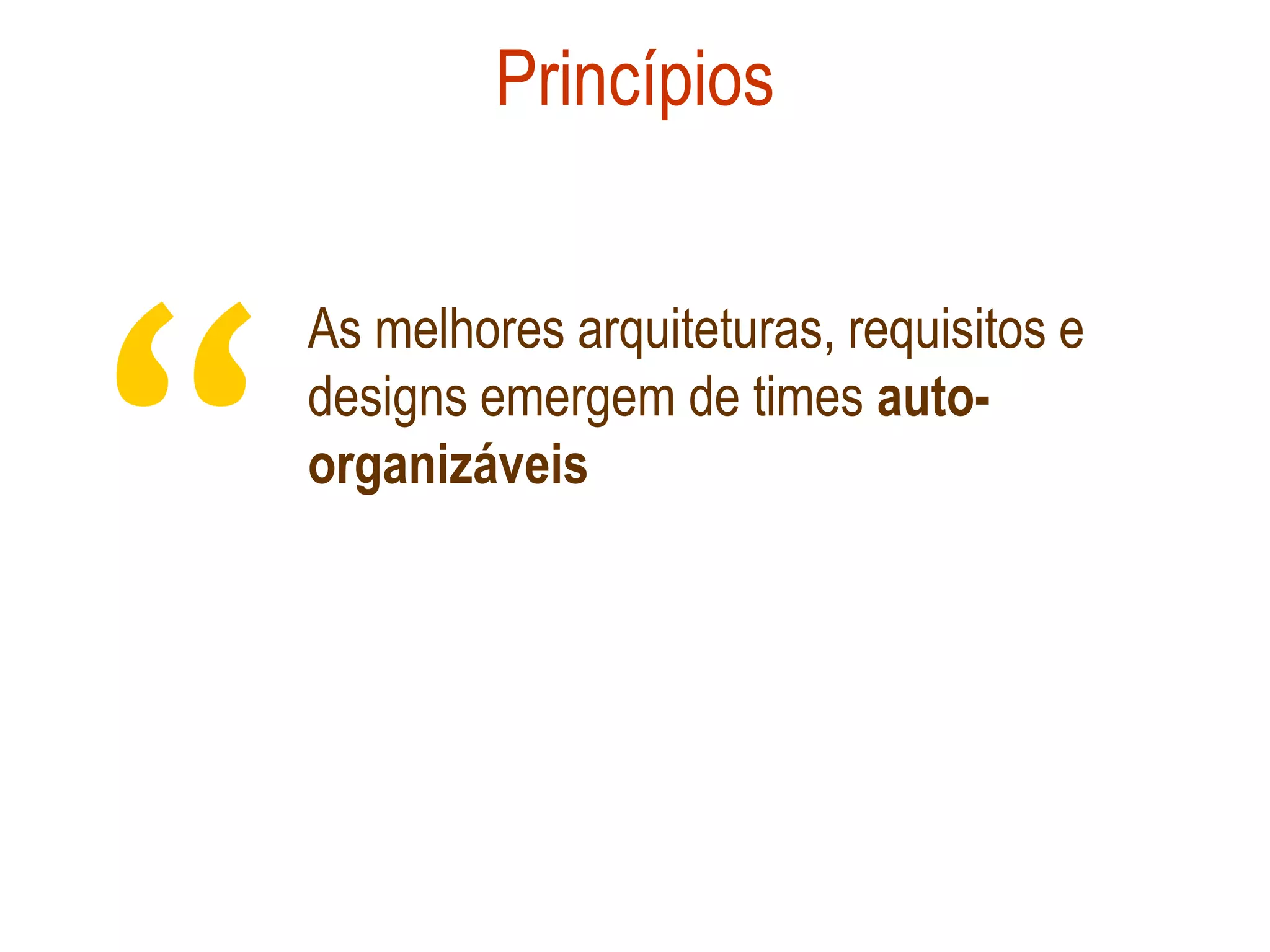 Princípios




“
    As melhores arquiteturas, requisitos e
    designs emergem de times auto-
    organizáveis
 