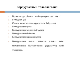 Борлуулалтын төлөвлөгөөнд:
1. Бүтээгдэхүүн үйлчилгээний нэр төрөл, тоо хэмжээ
2. Борлуулах үнэ
3. Сонгон авсан зах зээл, түүнд эзлэх байр суурь
4. Борлуулалтын суваг
5. Борлуулалтын зохион байгуулалт
6. Борлуулалтын байршил
7. Борлуулалтын идэвхижүүлэлт
8. Борлуулалтын орлого зарлагын хэмжээ зэрэг
маркетингийн төлөвлөгөөний үзүүлэлтүүд хамт
тусгагдана.
 
