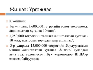 Жишээ: Үргэжлэл
 К компани
 1-р улиралд 3,600,000 төгрөгийн тоног төхөөрөмж
/ашиглалтын хугацаа-10 жил/,
 1,250,000 төгрөгийн тавилга /ашиглалтын хугацаа-
10 жил, конторын зориулалтаар ашиглах/,
 3-р улиралд 15,000,000 төгрөгийн борлуулалтын
машин /ашиглалтын хугацаа -8 жил/ худалдан
авна гэж төлөвлөсөн. Бүх хөрөнгөдөө ШША-р
элэгдэл байгуулдаг.
 