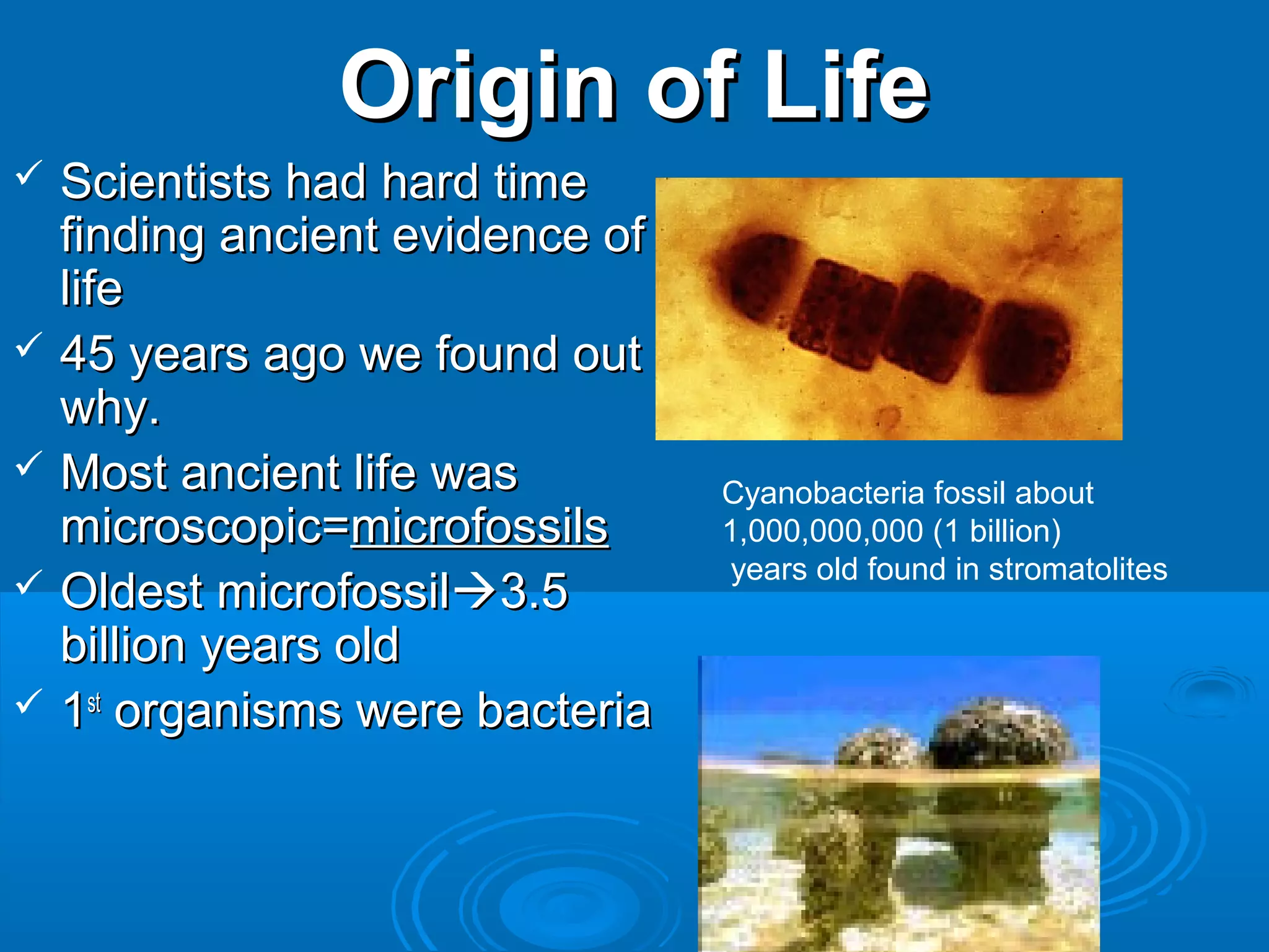 Origin of Life
 Scientists had hard time
  finding ancient evidence of
  life
 45 years ago we found out
  why.
 Most ancient life was
                                Cyanobacteria fossil about
  microscopic=microfossils      1,000,000,000 (1 billion)
                                 years old found in stromatolites
 Oldest microfossil3.5
  billion years old
 1st organisms were bacteria
 