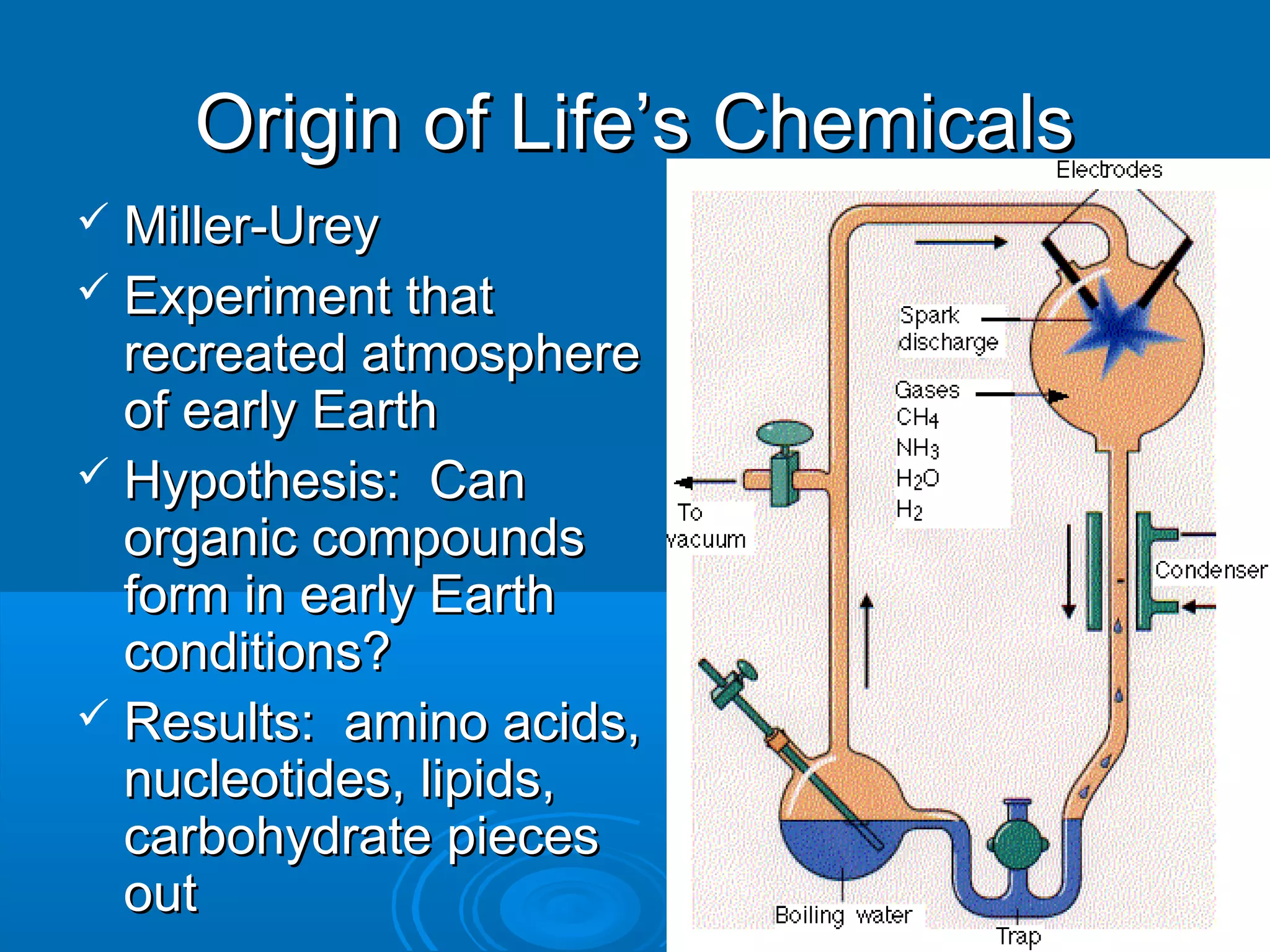 Origin of Life’s Chemicals
 Miller-Urey
 Experiment that
  recreated atmosphere
  of early Earth
 Hypothesis: Can
  organic compounds
  form in early Earth
  conditions?
 Results: amino acids,
  nucleotides, lipids,
  carbohydrate pieces
  out
 