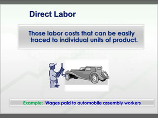 Direct Labor

  Those labor costs that can be easily
   traced to individual units of product.




Example: Wages paid to automobile assembly workers
 