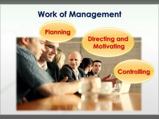 Work of Management

 Planning
            Directing and
              Motivating



                     Controlling
 