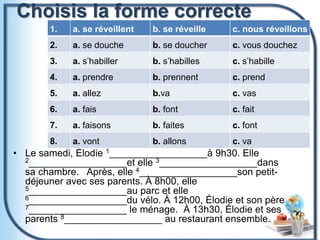 Choisis la forme correcte
• Le samedi, Élodie 1__________________à 9h30. Elle
2__________________et elle 3__________________dans
sa chambre. Après, elle 4__________________son petit-
déjeuner avec ses parents. À 8h00, elle
5__________________au parc et elle
6__________________du vélo. À 12h00, Élodie et son père
7__________________ le ménage. À 13h30, Élodie et ses
parents 8__________________ au restaurant ensemble.
1. a. se réveillent b. se réveille c. nous réveillons
2. a. se douche b. se doucher c. vous douchez
3. a. s’habiller b. s’habilles c. s’habille
4. a. prendre b. prennent c. prend
5. a. allez b.va c. vas
6. a. fais b. font c. fait
7. a. faisons b. faites c. font
8. a. vont b. allons c. va
 