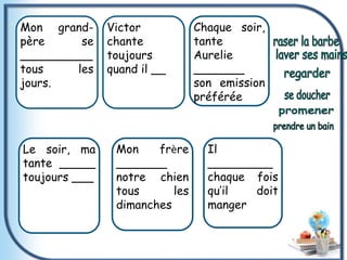 Mon grand-
père se
__________
tous les
jours.
Victor
chante
toujours
quand il __
Mon frère
_______
notre chien
tous les
dimanches
Chaque soir,
tante
Aurelie
_______
son emission
préférée
Il
_________
chaque fois
qu’il doit
manger
Le soir, ma
tante _____
toujours ___
 
