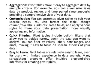• Aggregation: Pivot tables make it easy to aggregate data by
multiple criteria. For example, you can summarize sales
data by product, region, and time period simultaneously,
providing a comprehensive view of your data.
• Customization: You can customize pivot tables to suit your
specific needs. You can format the table, change
column/row labels, add calculated fields, and apply various
styles to make your data presentation more visually
appealing and informative.
• Quick Filtering: Pivot tables include built-in filters that
allow you to quickly narrow down the data you want to
analyze. You can filter by values, labels, date ranges, and
more, making it easy to focus on specific aspects of your
data.
• Easy to Learn: Pivot tables are relatively easy to learn, even
for users with limited experience in data analysis. Many
spreadsheet programs offer intuitive drag-and-drop
interfaces for creating pivot tables.
 