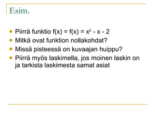 Esim.  Piirrä funktio f(x) = f(x) = x 2  - x - 2 Mitkä ovat funktion nollakohdat? Missä pisteessä on kuvaajan huippu? Piirrä myös laskimella, jos moinen laskin on ja tarkista laskimesta samat asiat 