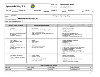 Rig #: BENNEVIS PIC Signature Approving JSA:
Work Activity (Job): MA 038 PAINTING ON DERRICK SET
Work Team (Crew Members):
Sequence of Basic Job Steps Potential Accidents or Hazards
Recommendation to Eliminate or Reduce Potential
Hazards
Who?
Initials
- Inform Drlr
- Clean area prior to painting
- NETTOYER LA SURFACE AVANT
DE PEINDRE
- INFORMER LE DRILLER
- Dirt enter eyes
- Wire from wire brush enters fingers / eye
- SALETE DANS LES YEUX
- DENT DE LA BROSE METALLIQUE DANS LES
DOIGTS / L’OEIL
- Wear all the correct PPE
- Wear gloves and goggles
- Wear dust mask
- METTRE LES PPES ADEQUATS
- PORTER DES GANTS ET DES LUNETTES
PROTECTRICE
- PORTER UN MASQUE ANTI-POUSSIERE
- Paint at height
- Paint areas that have been
cleaned
- FAIRE DE LA PEINTURE EN
HAUTEUR
- PEINDRE LES ZONES QUI ETE
NETTOYEES
- Falling
- Paint on hands
- Hoses burst
- CHUTE
- PEINTURE SUR LES MAINS
- RUPTURE DE FLEXIBLE
- If ladder used, ensure it is secured
- Wear safety harness
- Wear gloves
- Wear dust mask
- Do not work in the mud hose vicinity
- SI ON UTILISE UNE ECHELLE, LA SECURISEE
- PORTAIS LES HARNAIS DE SECURITE
- PORTER DES GANTS
- PORTER UN MASQUE ANT-POUSSIERE
- NE PAS TRAVAILLER PRES DE FLEXIBLE DE
BOUE
- Clean up area after painting
- FAIRE LE NETTOYAGE APRES
AVOIR FINI
- Tripping hazards
- Rags lying around
- RISQUE DE TREBUCHEMENT
- CHIFFONS TRAINANT
- Remove all old paint cans
- Ensure good housekeeping
- ENLEVER TOUS LES ANCIENS POTS DE
PEINTURE
- ASSURER UN BON NETTOYAGE
Safety Equipment To Do This Job
Hard Hats ( Cotton Gloves ( Face Shield ( Fire Extinguishers (
Safety Boots ( Work Vest ( Goggles ( Lockout/Tagout (
Uncontrolled When Printed Page 1
Pyramid Drilling S.A
Manual Title: Personnel Safety Manual
Form Name: Job Safety Analysis
Issue Date
02-Sept-07
Revision No.
2
Revision Date
04-MAR 08
Prepared By
QA/HSE
Approved By
HM
Level No.
2
 