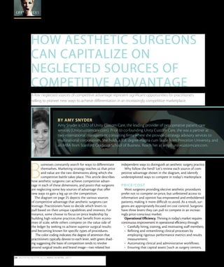 24  MODERN AESTHETICS | MARCH/APRIL 2017
CO VER FOCUS
B
usinesses constantly search for ways to differentiate
themselves. Marketing strategy teaches us that price
and value are the two dimensions along which the
competitive battle takes place. This article describes
how aesthetic surgeons can achieve competitive advan-
tage in each of these dimensions, and posits that surgeons
are neglecting some key sources of advantage that offer
new ways to gain a leg up on the competition.
The diagram on page 25 depicts the various sources
of competitive advantage that aesthetic surgeons can
leverage. Practitioners have to decide which levers to
pull based on their unique capabilities and interests. For
instance, some choose to focus on price leadership by
building high-volume practices that benefit from econo-
mies of scale, while others compete on the value side of
the ledger by seeking to achieve superior surgical results
and becoming known for specific types of procedures.
The color coding indicates the degree of attention that
practitioners typically devote to each lever, with green shad-
ing suggesting the basis of competition tends to revolve
around surgical results and brand image—two related but
independent ways to distinguish an aesthetic surgery practice.
Why follow the herd? Let’s review each source of com-
petitive advantage shown in the diagram, and identify
underexploited ways to compete in today’s marketplace.
PRICE/COST
Most surgeons providing elective aesthetic procedures
prefer not to compete on price, but unfettered access to
information and opinion has empowered and emboldened
patients, making it more difficult to avoid. As a result, sur-
geons are appropriately focused on cost control. Surgeons
have three levers they can pull to compete in an increas-
ingly price-conscious market.
Operational Efficiency. Thriving in today’s market requires
continuous improvement in operational efficiency through:
•	 Carefully hiring, training, and motivating staff members;
•	 Refining and streamlining clinical processes by
employing rigorous performance metrics and results
measurement;
•	 Automating clinical and administrative workflows;
•	 Ensuring that capital assets (such as surgery centers,
HOW AESTHETIC SURGEONS
CAN CAPITALIZE ON
NEGLECTED SOURCES OF
COMPETITIVE ADVANTAGE
A few neglected sources of competitive advantage represent significant opportunities for practitioners
willing to pioneer new ways to achieve differentiation in an increasingly competitive marketplace.
BY AMY SNYDER
Amy Snyder is CEO of Unity Custom Care, the leading provider of perioperative patient care
services (Unitycustomcare.com). Prior to co-founding Unity Custom Care, she was a partner at
two international management consulting firms where she provided strategy advisory services to
multinational corporations. She holds a BSE degree magna cum laude from Princeton University, and
an MBA from Stanford Graduate School of Business. Reach her at amy@unitycustomcare.com.
 