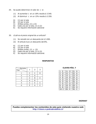 29. Se puede determinar el valor de c si:
(1) Al aumentar c en un 18% resulta $ 3.540.
(2) Al disminuir c en un 15% resulta $ 2.550.
A) (1) por sí sola
B) (2) por sí sola
C) Ambas juntas, (1) y (2)
D) Cada una por sí sola, (1) ó (2)
E) Se requiere información adicional
30. ¿Cuál es el precio original de un artículo?
(1) Se canceló con un descuento de $ 3.200.
(2) El artículo tuvo un descuento del 8%.
A) (1) por sí sola
B) (2) por sí sola
C) Ambas juntas, (1) y (2)
D) Cada una por sí sola, (1) ó (2)
E) Se requiere información adicional.
RESPUESTAS
CLAVES PÁG. 7Ejemplos
Págs. 1 2 3
1. E 11. D 21. A
2. D 12. C 22. A
3. B 13. C 23. D
4. B 14. B 24. A
5. D 15. E 25. B
6. D 16. E 26. A
7. A 17. A 27. B
8. D 18. B 28. C
9. B 19. C 29. D
10. C 20. E 30. C
1 C C D
2 C A
3 C B C
4 A B
5 C E C
6 E A C
DSIMA07
Puedes complementar los contenidos de esta guía visitando nuestra web
http://clases.e-pedrodevaldivia.cl/
14
 